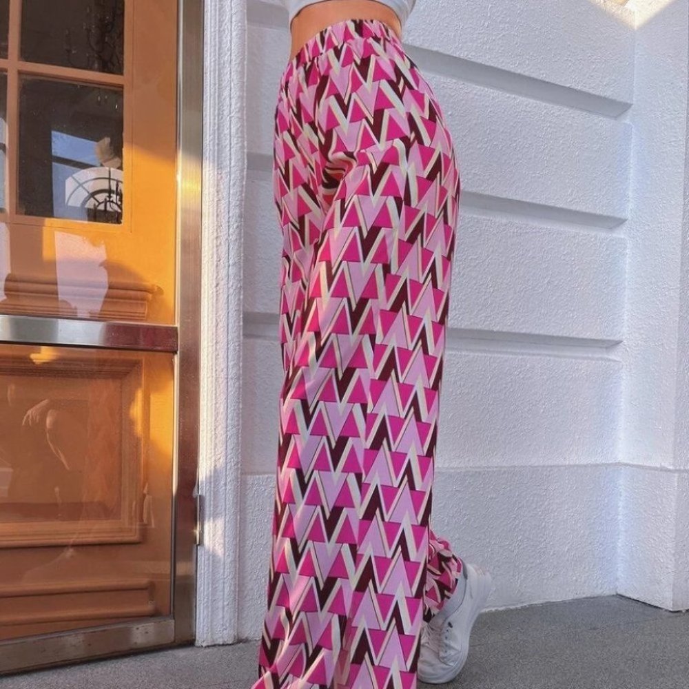 Contemporary retro Geometric Print Split Hem Style Wide Leg Pants - Picture 3 of 6